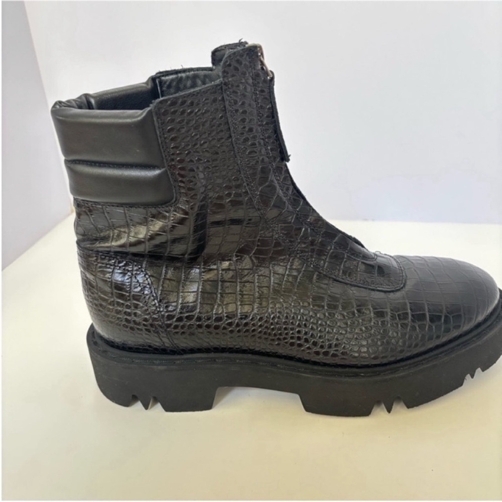 Aquatalia Combat Weatherproof Boots Moto Croc Embossed Leather Black Size 10.5 - Picture 14 of 16